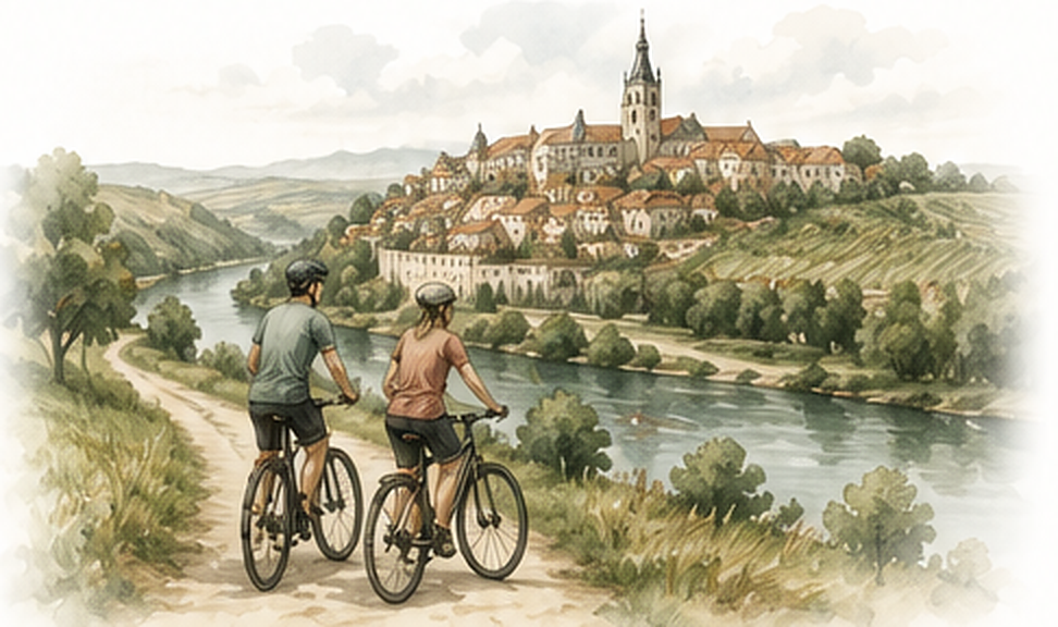 Radfahrer auf einer Strecke mit Blick auf Znojmo und das Tal der Thaya