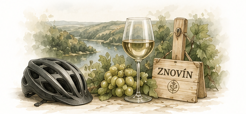Fahrradhelm, Wein, Weintrauben und die Weinlandschaft Südmährens
