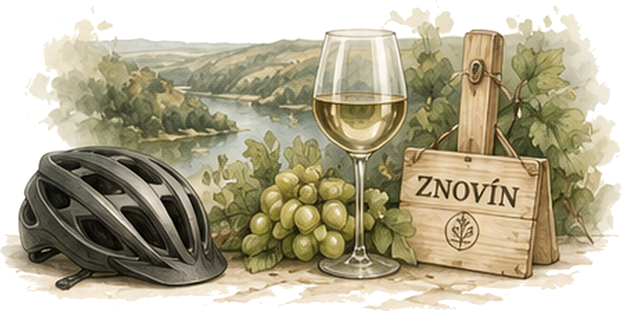 Cyklistická helma, víno, hrozny a vinařská krajina jižní Moravy