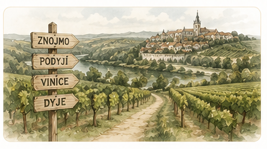 Weinlandschaft bei Znojmo mit Wegweisern nach Znojmo, Podyjí, zu den Weinbergen und zur Thaya