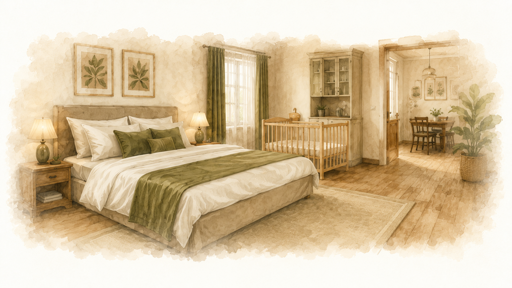 Geräumiges Familienapartment mit großem Bett und Kinderbett