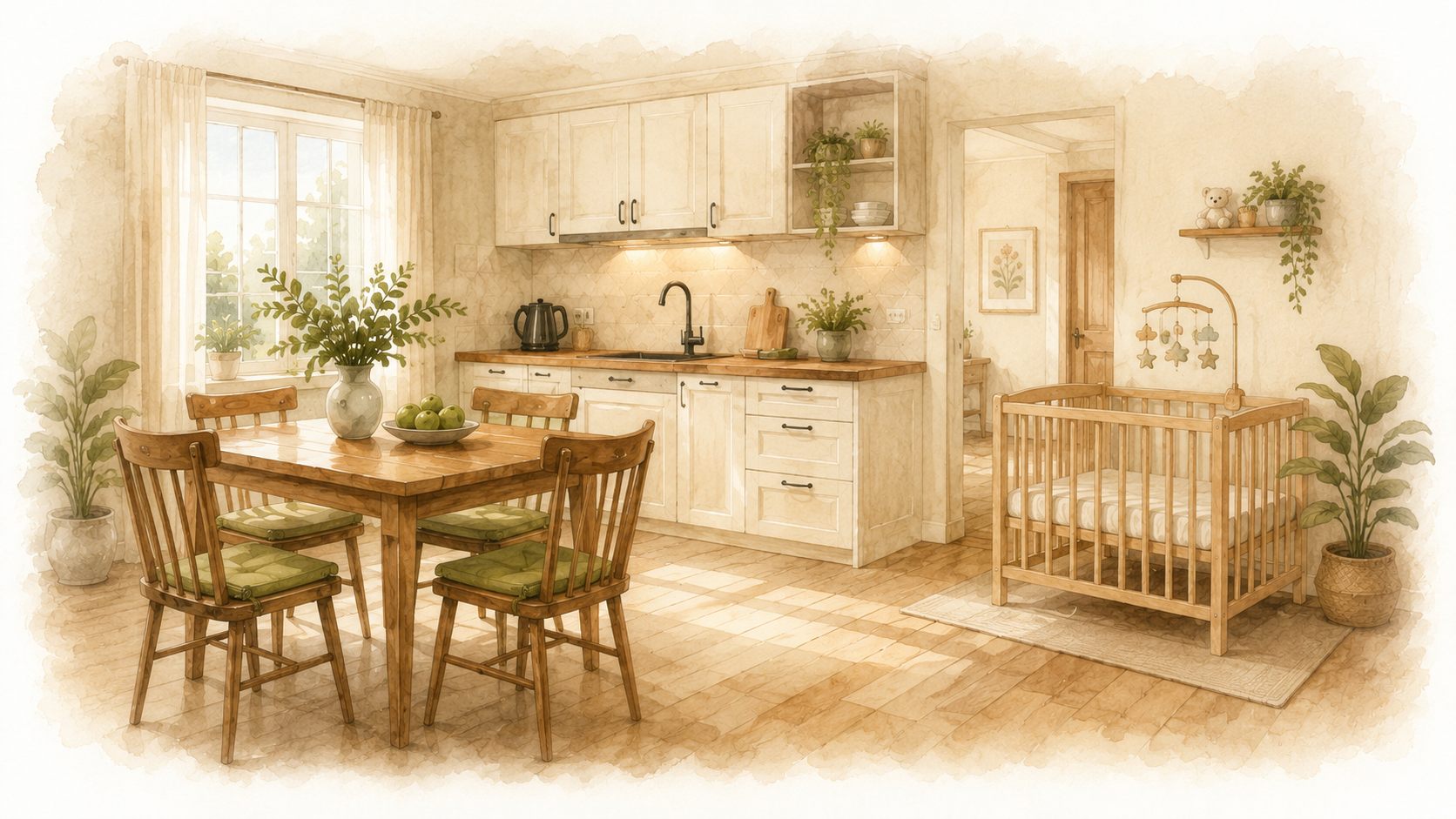 Familienapartment mit Küche, Esstisch und Kinderbett