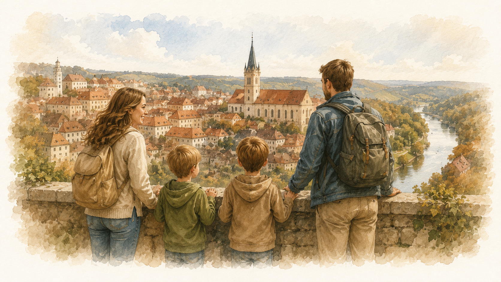 Eine Familie an einem Aussichtspunkt über dem historischen Zentrum von Znojmo und dem Tal der Thaya