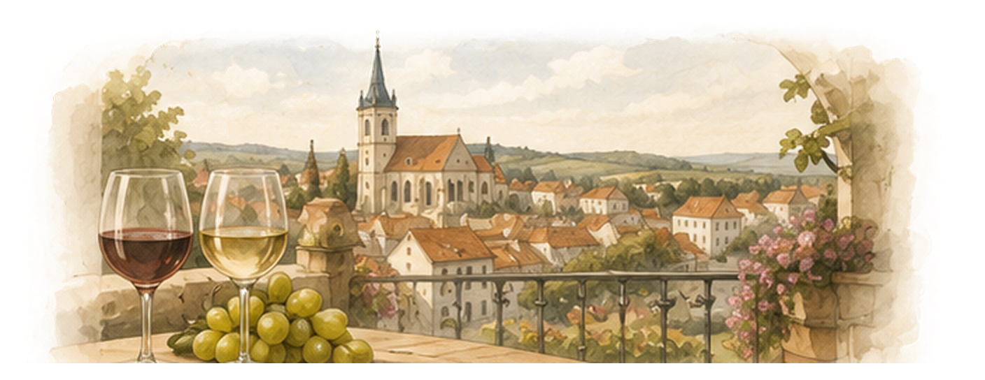Sklenice moravského vína a hrozny s výhledem na historické centrum Znojma