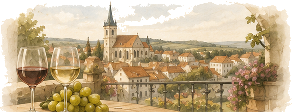 Sklenice moravského vína a hrozny s výhledem na historické centrum Znojma