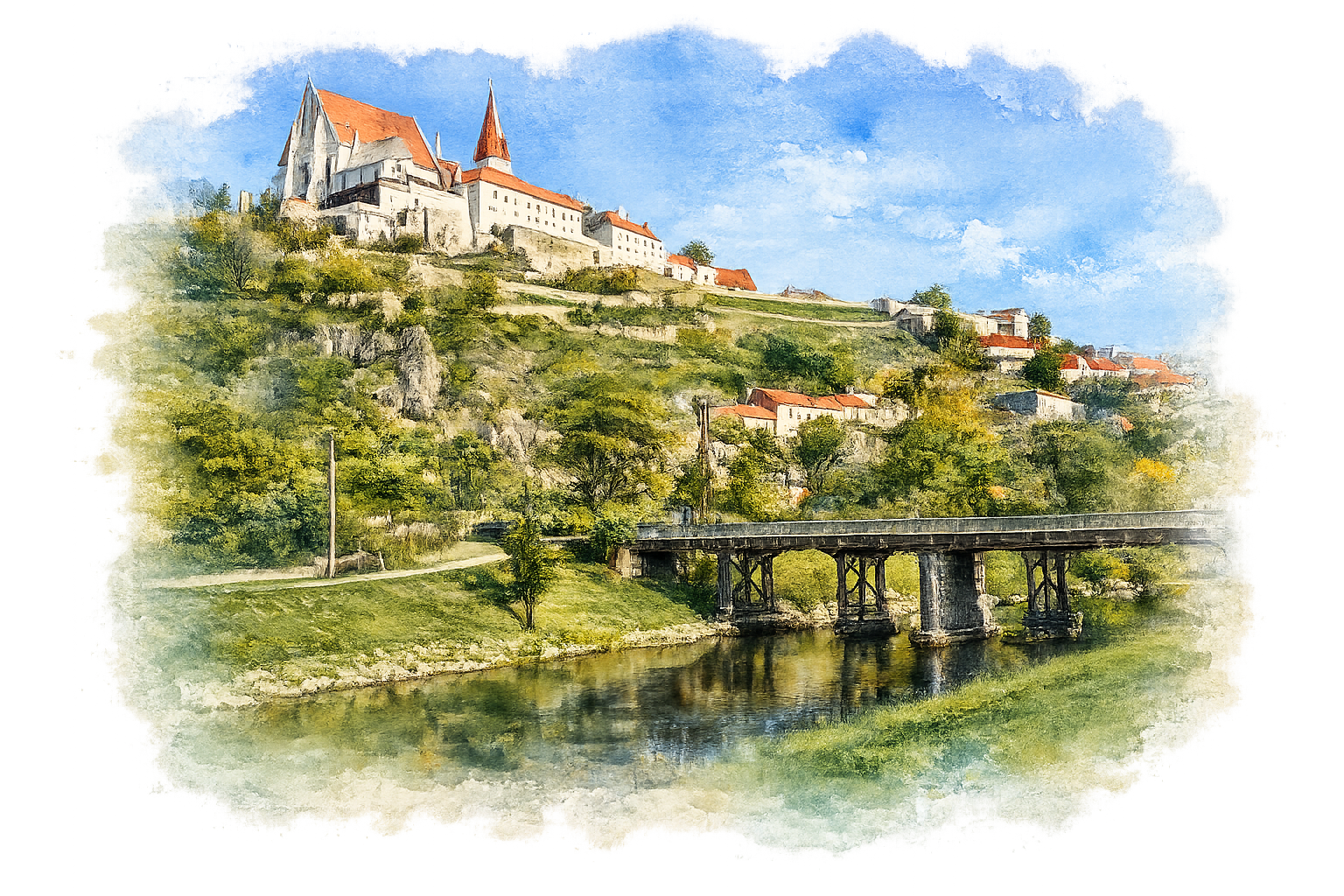 Vinařská krajina u Znojma s rozcestníkem Znojmo, Podyjí, vinice a Dyje