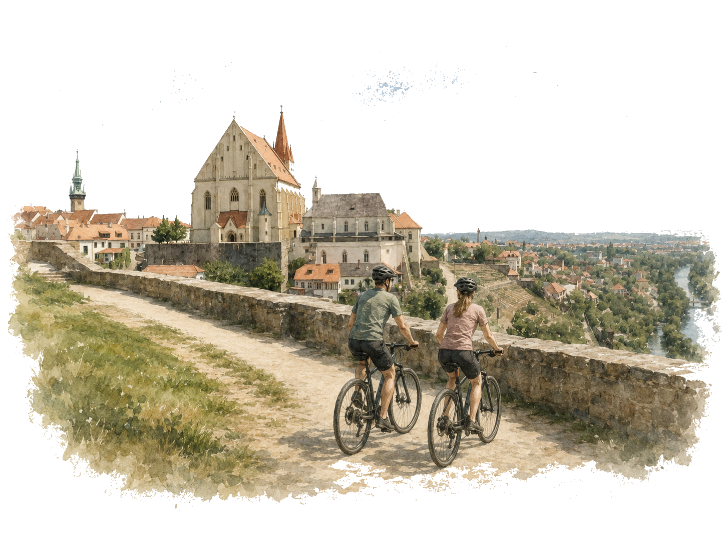 Cyklisté na trase s výhledem na Znojmo a údolí řeky Dyje