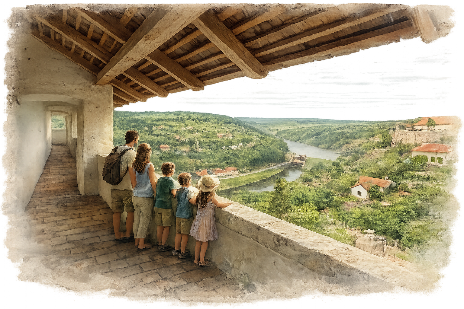 Rodina na vyhlídce nad historickým centrem Znojma a údolím řeky Dyje